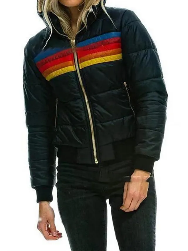 Women's Parka Zipper Puffer Jacket Windproof Warm Winter Coat Comtemporary Stylish Casual Jacket Long Sleeve with Pockets Full Zip Lake blue Black Dark