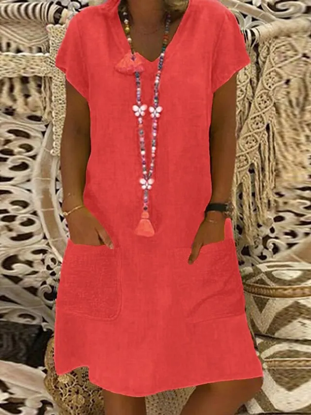 Women's Casual Dress Casual Dress Shift Dress Pure Color Pocket V Neck Midi Dress Basic Daily Vacation Short Sleeve Loose Fit Black Yellow Light Green Summer Spring S M L XL XXL