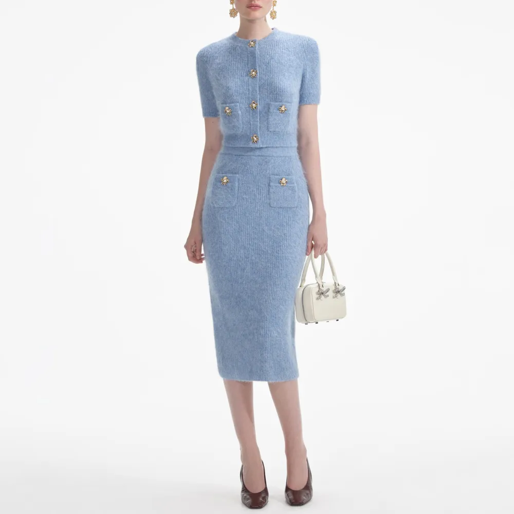 Blue Soft Knit Midi Skirt