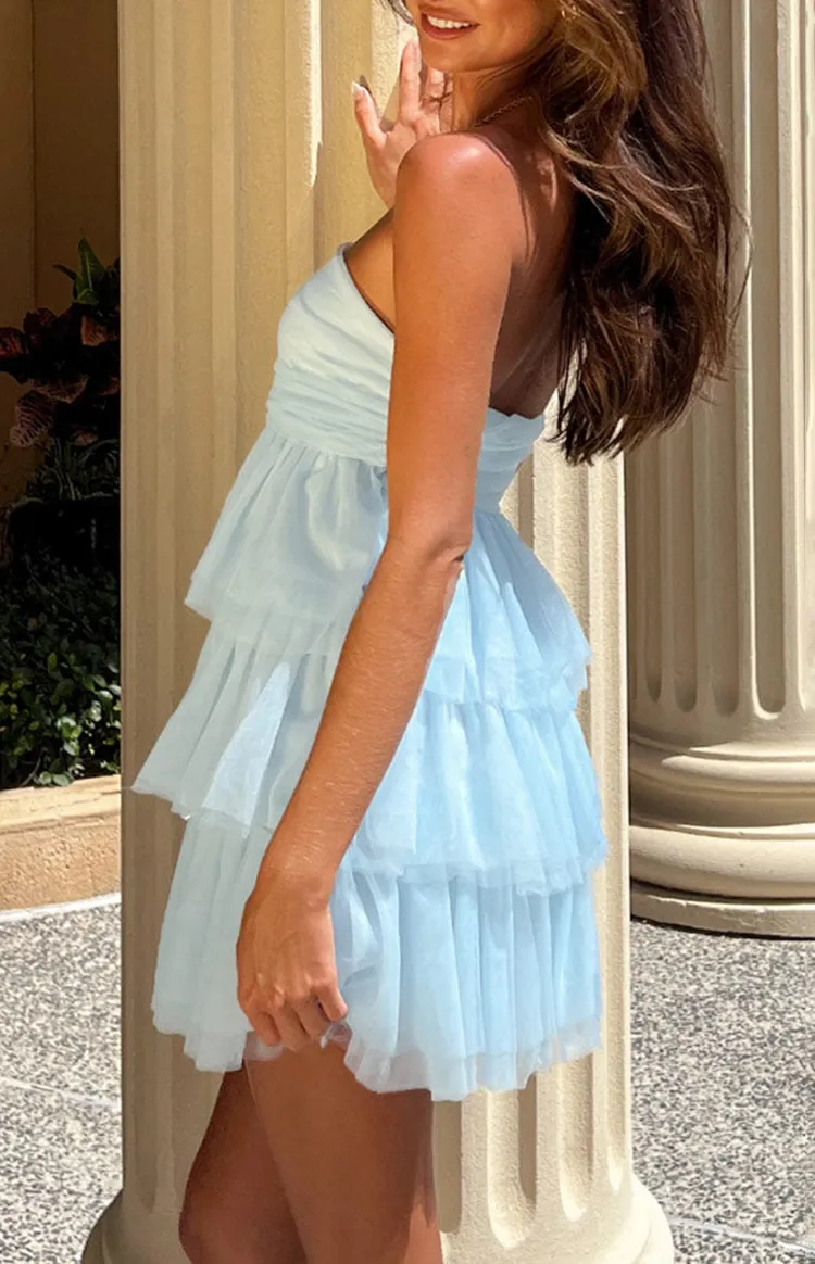 Light Blue Tiered Tulle Strapless Mini Dress