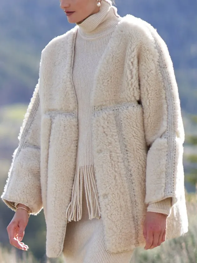 Fluff/Granular Fleece Fabric V Neck Teddy Jacket