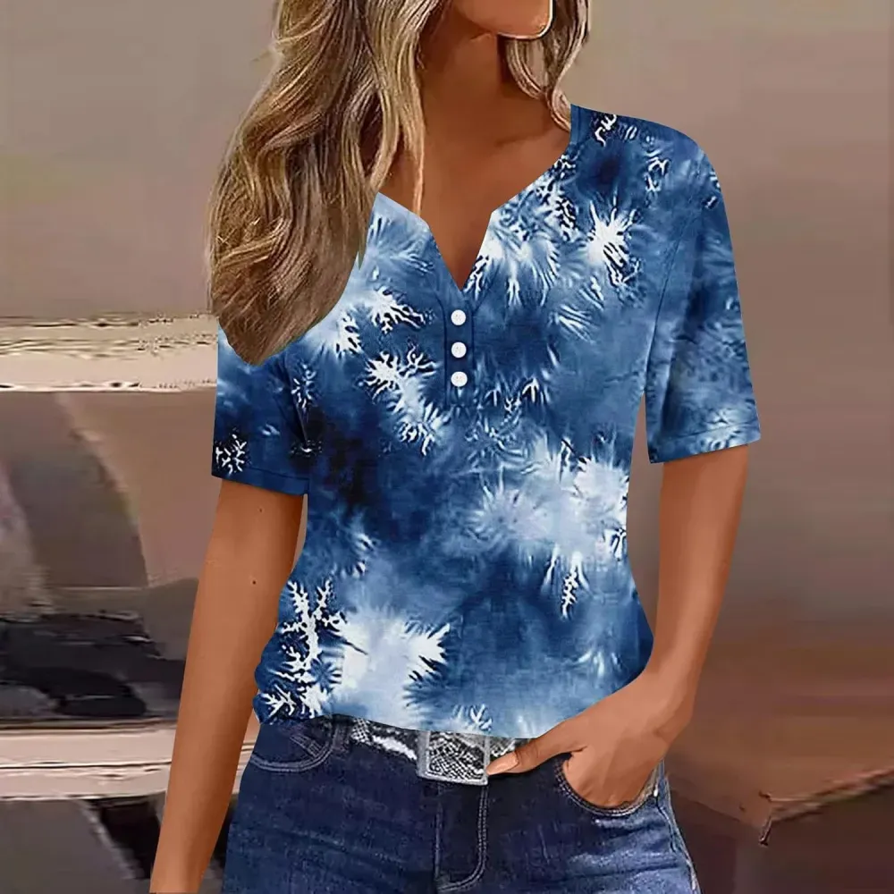 Shirts for Women Casual Printed Summer Tops Short-Sleeved Button V-Neck Tops Blouse Fashion Boho T-Shirts