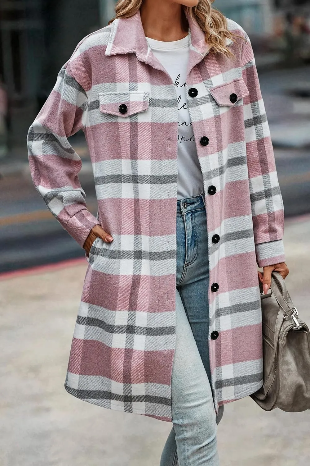 Women's Plaid Shacket 2023 Long Sleeve Button Up Flannel Shirt Winter Tartan Jacket Woolen Coats