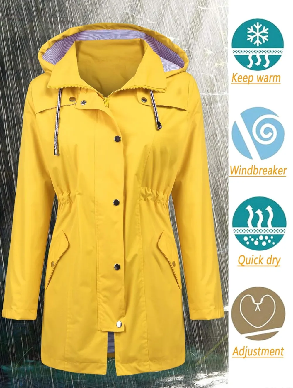 LOMON Raincoat Women Waterproof Long Hooded Trench Coats Lined Windbreaker Travel Jacket S-XXL