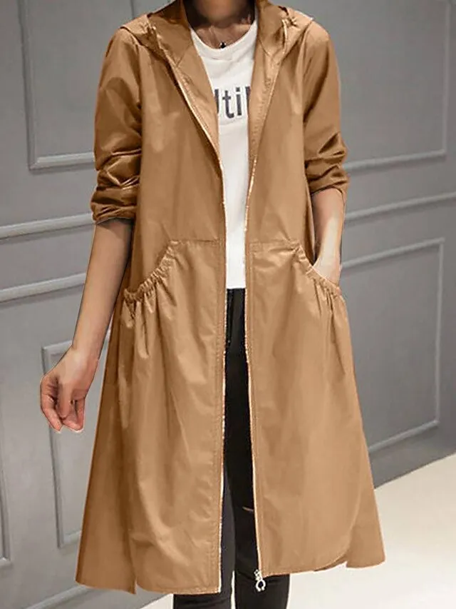 Women's Trench Coat Fall Windproof Outdoor Zipper Plain Maillard Fashion Regular Fit Outerwear Long Sleeve Black M