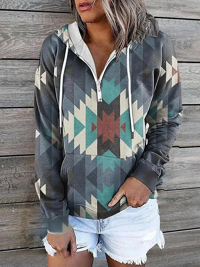 Women's Hoodie Sweatshirt Pullover Vintage Sports Basic Zipper Drawstring Front Pocket Light Yellow Creamy-white smoke grey Geometric Tribal Aztecs Street Casual Hoodie Long Sleeve Top Micro-elastic
