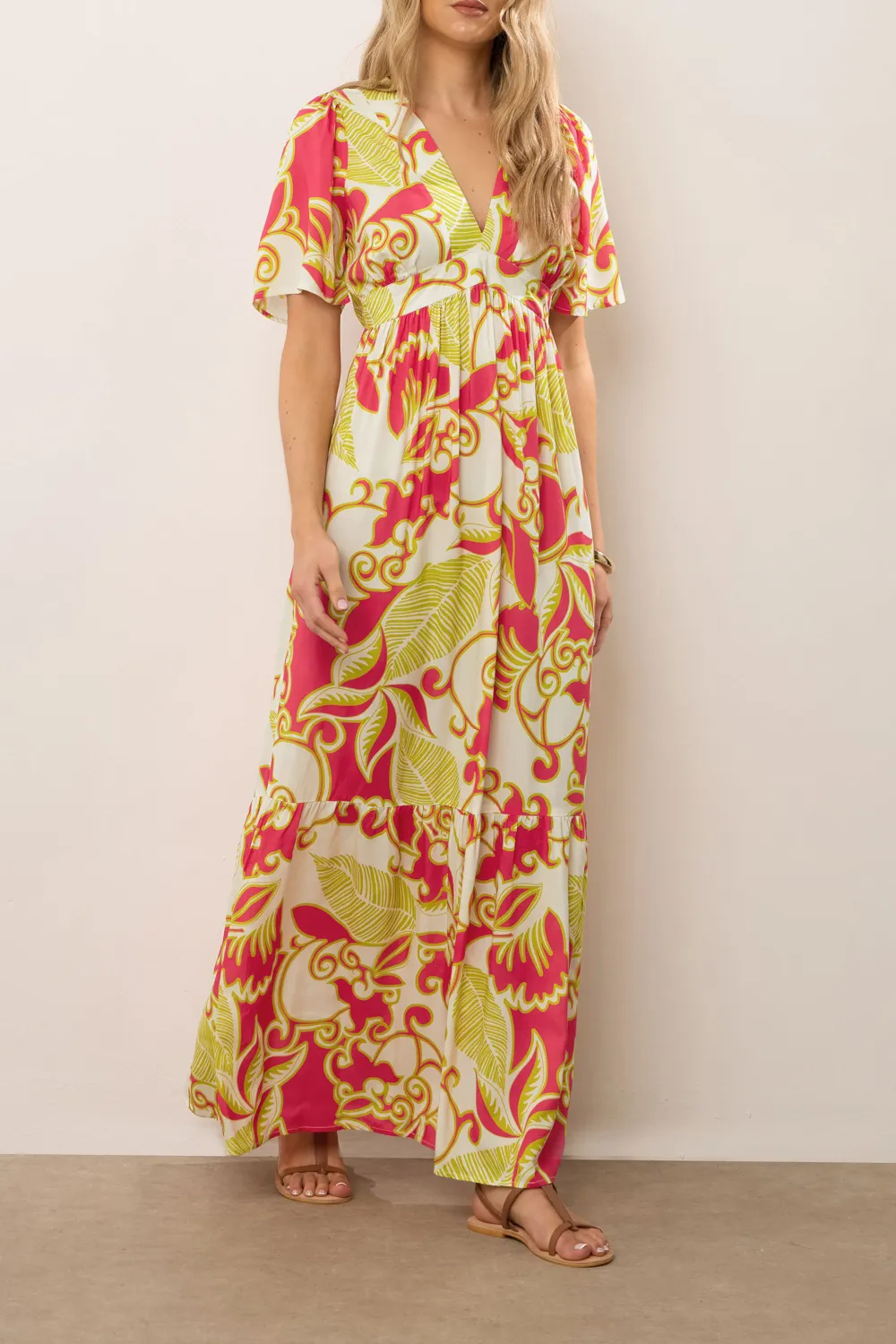 Coral Red Abstract Palm Flutter V-neck Maxi Dress