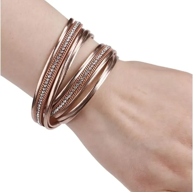 Fesciory Leather Wrap Bracelets for Women, Boho Leopard Multi-Layer Crystal Beads Cuff Bracelet Jewelry