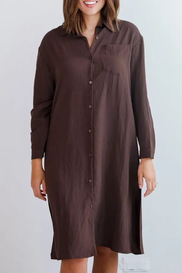 Cherished Chicness Brown Button Front Midi Dress