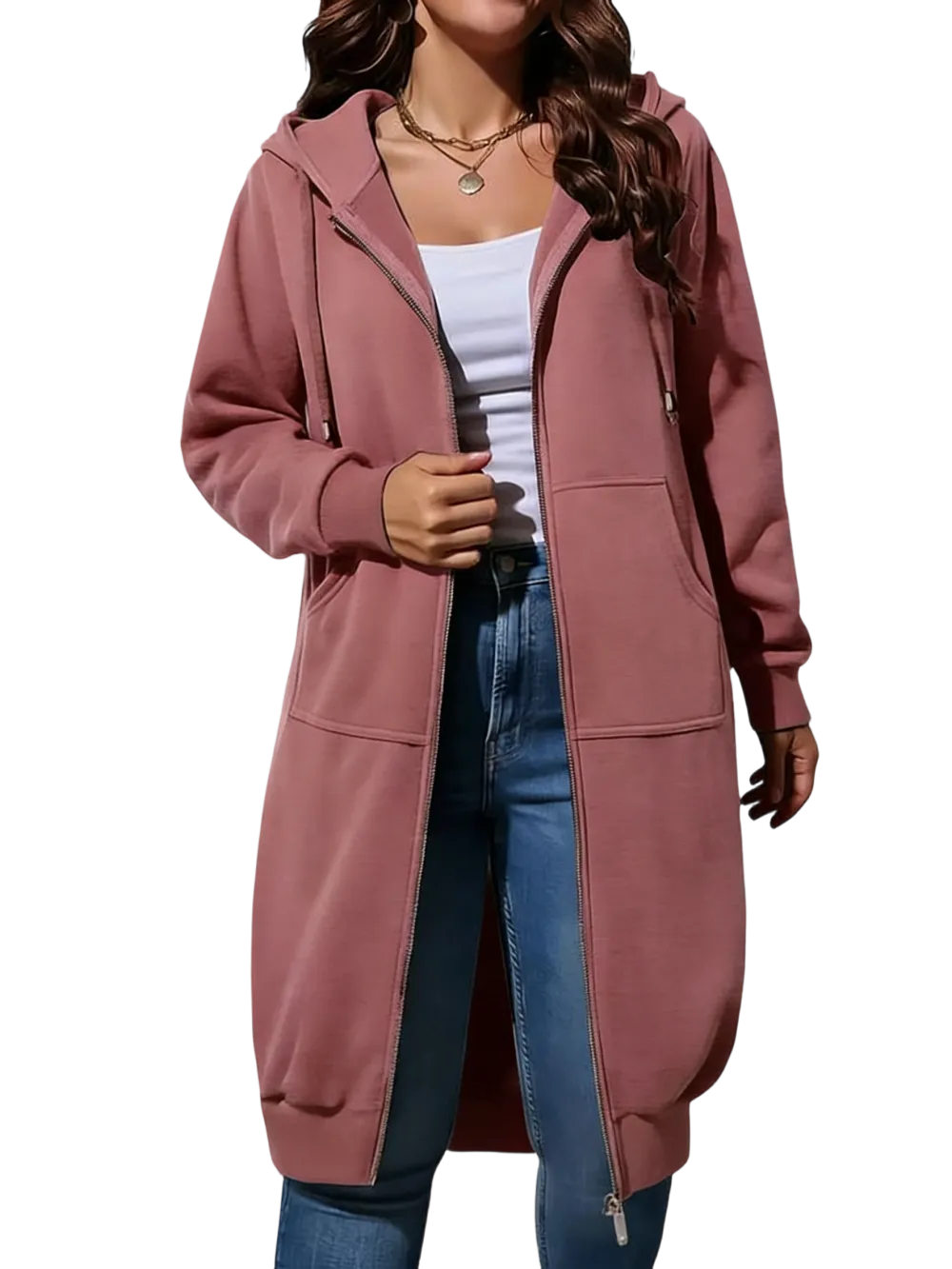 🧥 Women's Longline Zip-Up Fleece Hoodie