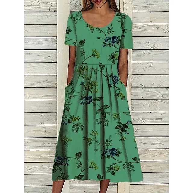 Women's Casual Dress Midi Dress White Blue Green Short Sleeve Floral Ruched Summer Spring Crew Neck Basic Loose Fit 2023 S M L XL XXL 3XL