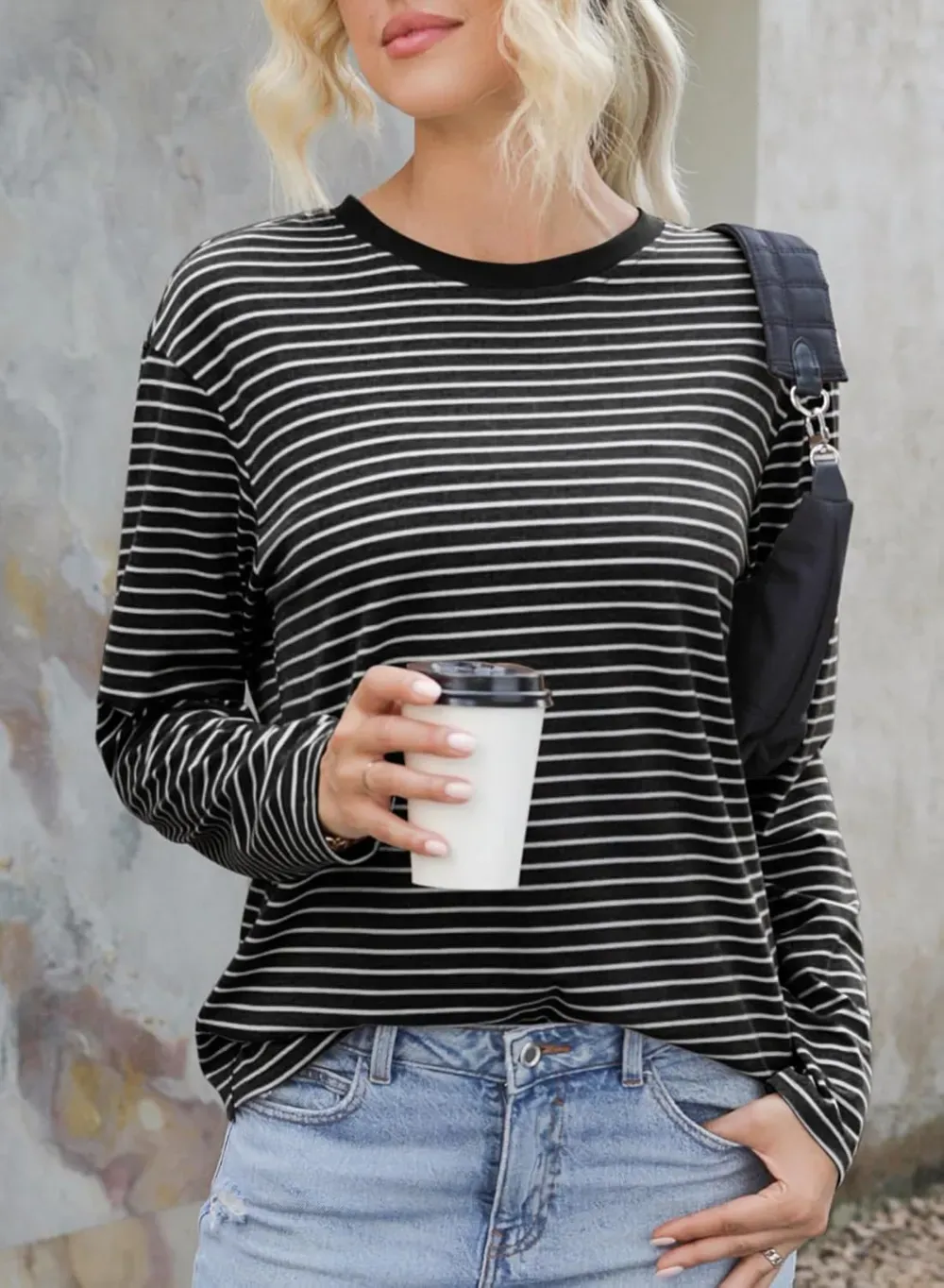 Dokotoo Women's Casual Striped Long Sleeve Tops Crew Neck Knit Ribbed Basic T Shirts