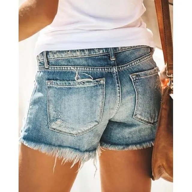 Women's Jeans Shorts Denim Blue Light Blue Mid Waist Fashion Casual Weekend Tassel Fringe Side Pockets Micro-elastic Short Comfort Plain S M L XL XXL / Cut Out