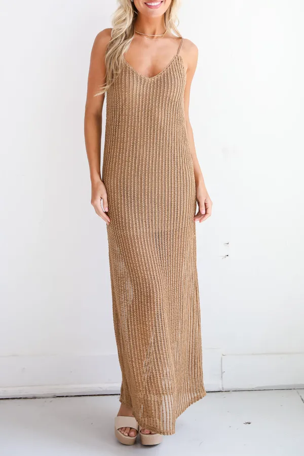 Compelling Style Taupe Crochet Knit Maxi Dress