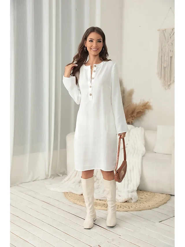 Women‘s Casual Dress Shirt Dress Shift Dress Midi Dress Yellow Navy Blue White Long Sleeve Pure Color Button Winter Fall Spring Shirt Collar Basic Winter Dress Daily Vacation 2023 S M L XL XXL 3XL