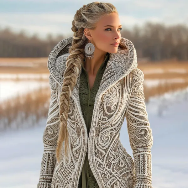 Women's Vintage Viking Celtic Knit Cozy Zipper Sweater Jacket