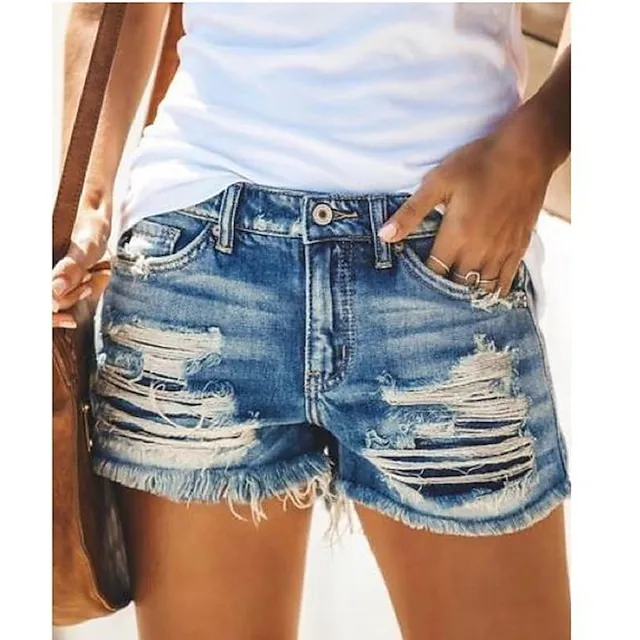 Women's Jeans Shorts Denim Blue Light Blue Mid Waist Fashion Casual Weekend Tassel Fringe Side Pockets Micro-elastic Short Comfort Plain S M L XL XXL / Cut Out