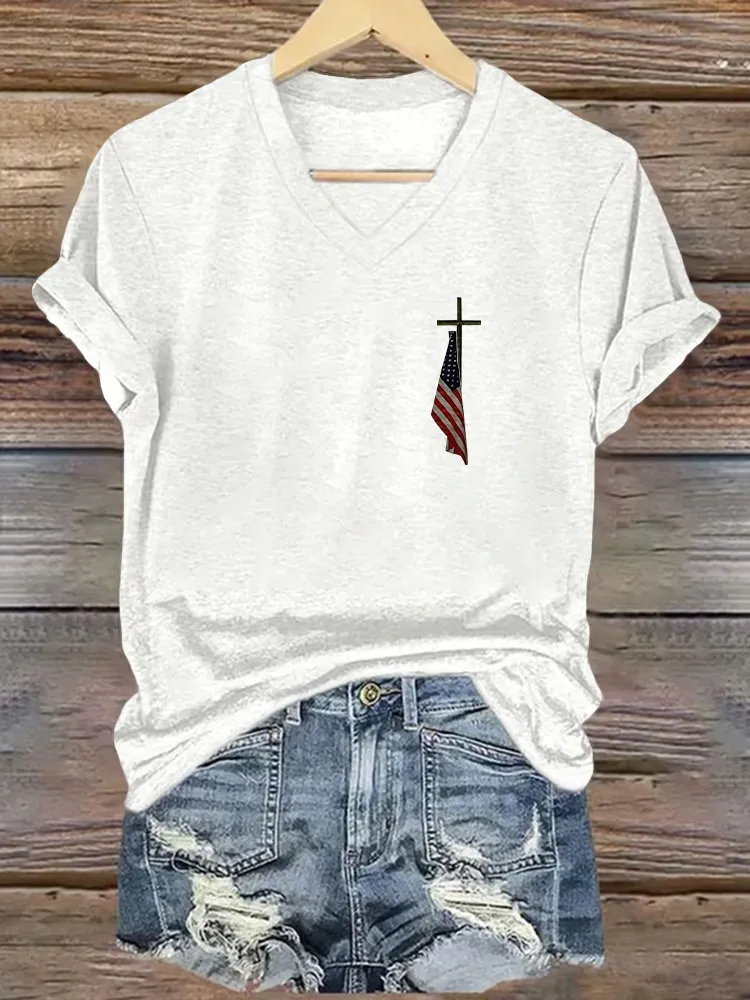 Women's  Faith And Flag Print Short Sleeve Round Neck Cotton T-Shirt