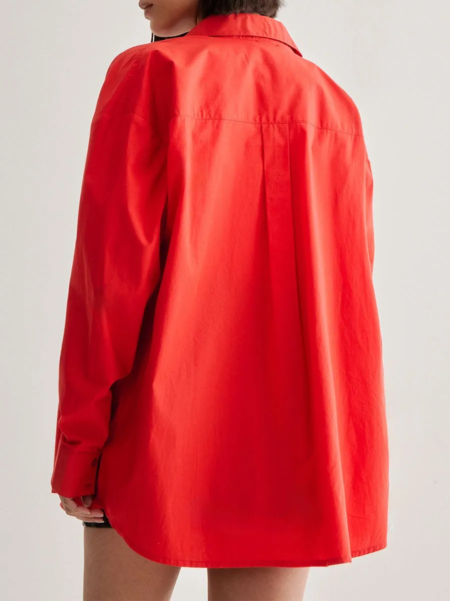 Women'S Stylish Red Oversized Collared Shirt