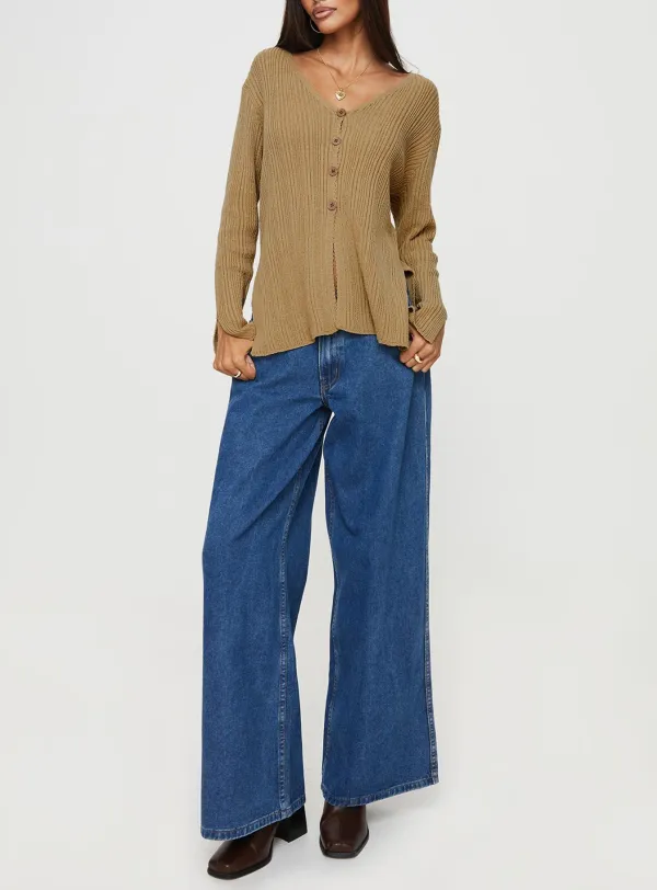 Beige Slit Knitted Cardigan