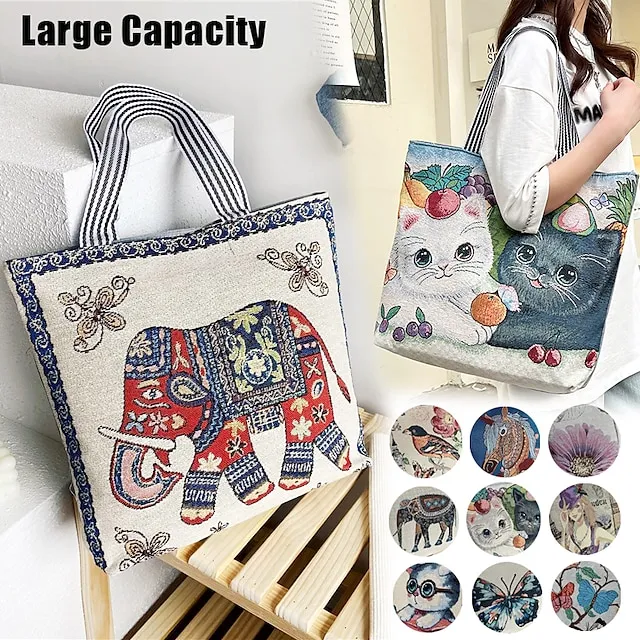 Women's Tote Shoulder Bag Canvas Tote Bag Oxford Cloth Shopping Daily Zipper Print Large Capacity Lightweight Durable Cat Flower Folk Butterfly Unicorn Black cat