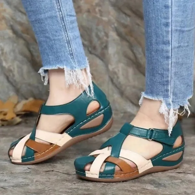 Women's Sandals Wedge Sandals Comfort Shoes Plus Size Outdoor Office Daily Summer Buckle Wedge Heel Round Toe Closed Toe Classic Casual Walking Shoes PU Leather Faux Leather Magic Tape Color Block