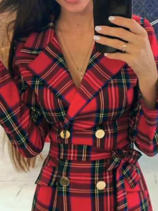 Women's Blazer Christmas Street Daily Xmas Summer Spring Long Coat Regular Fit Warm Breathable Streetwear Casual Jacket Long Sleeve Plaid / Check Pocket Red