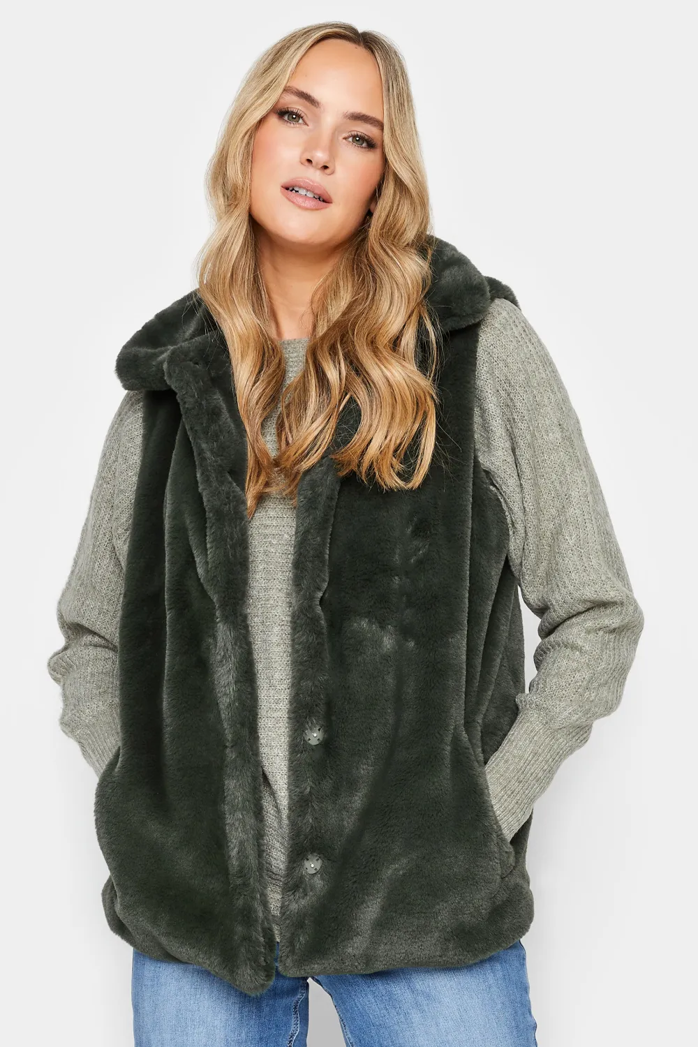 LTS Tall Dark Green Faux Fur Gilet