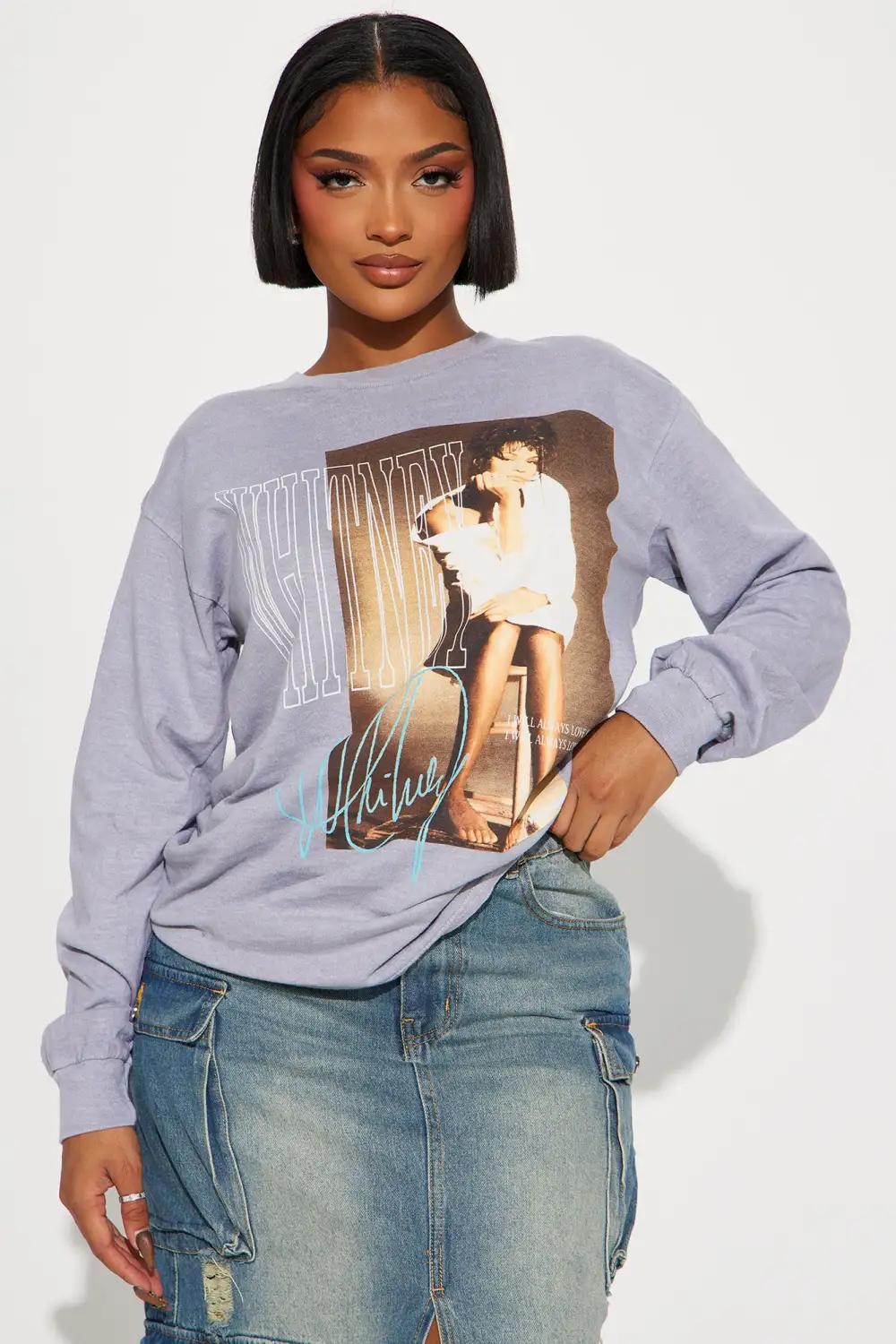 Whitney Houston Washed Long Sleeve Tee - Grey