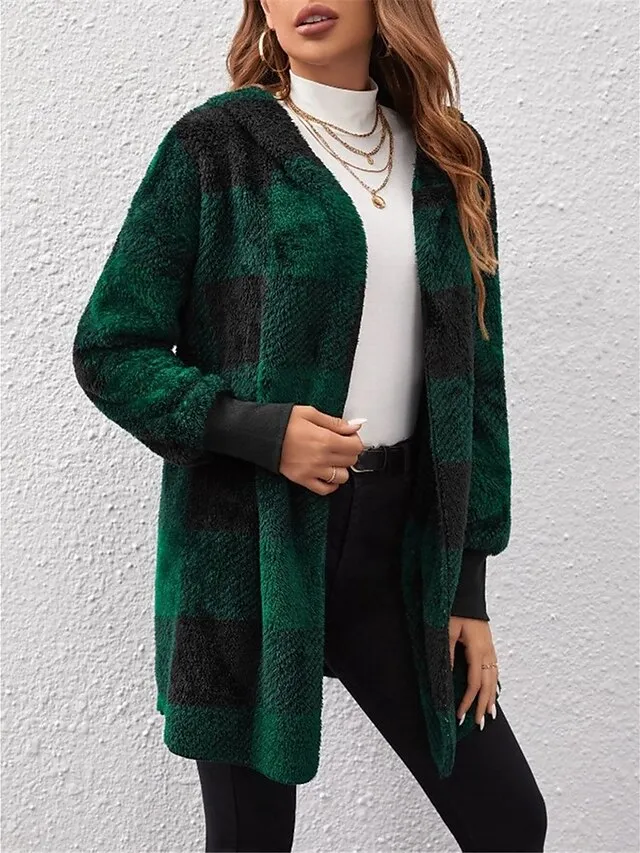 Women's Fleece Jacket Teddy Coat Hoodie Jacket Warm Breathable Street Daily Wear Vacation Going out Pocket Fleece Lined Open Front Hoodie Casual Street Style Stripes and Plaid Regular Fit Outerwear
