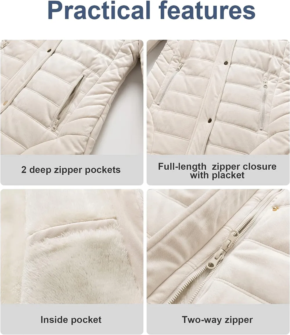 Women's Warm Winter Coat Velvet Puffer Jacket Quilted Faux Fur Hood