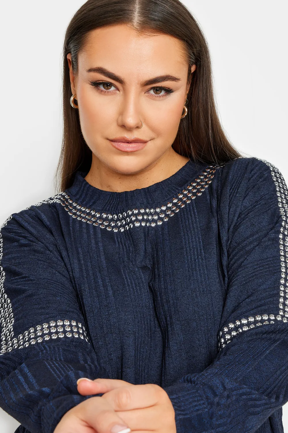 YOURS LUXURY Curve Navy Blue Stud Neckline Embellished Jumper
