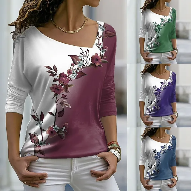Women's Plus Size T shirt Tee Pink Blue Purple Graphic Floral Print Long Sleeve Casual Weekend Daily V Neck Regular Fit Floral Painting Fall & Winter