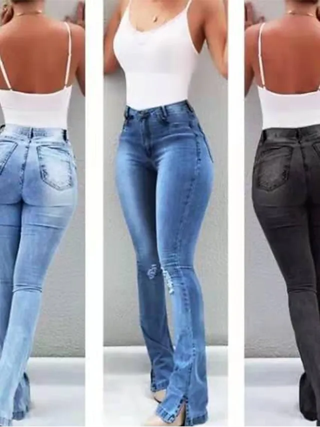 Women's Jeans Bootcut Flared Pants Full Length Denim Split Cut Out Micro-elastic Mid Waist Fashion Casual Weekend Light Blue Black S M