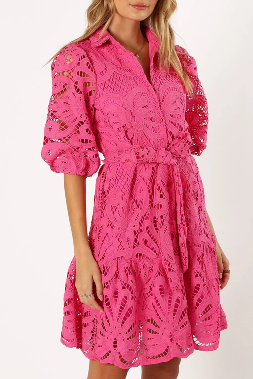 PINK HOLLOW LONG SLEEVE MINI DRESS