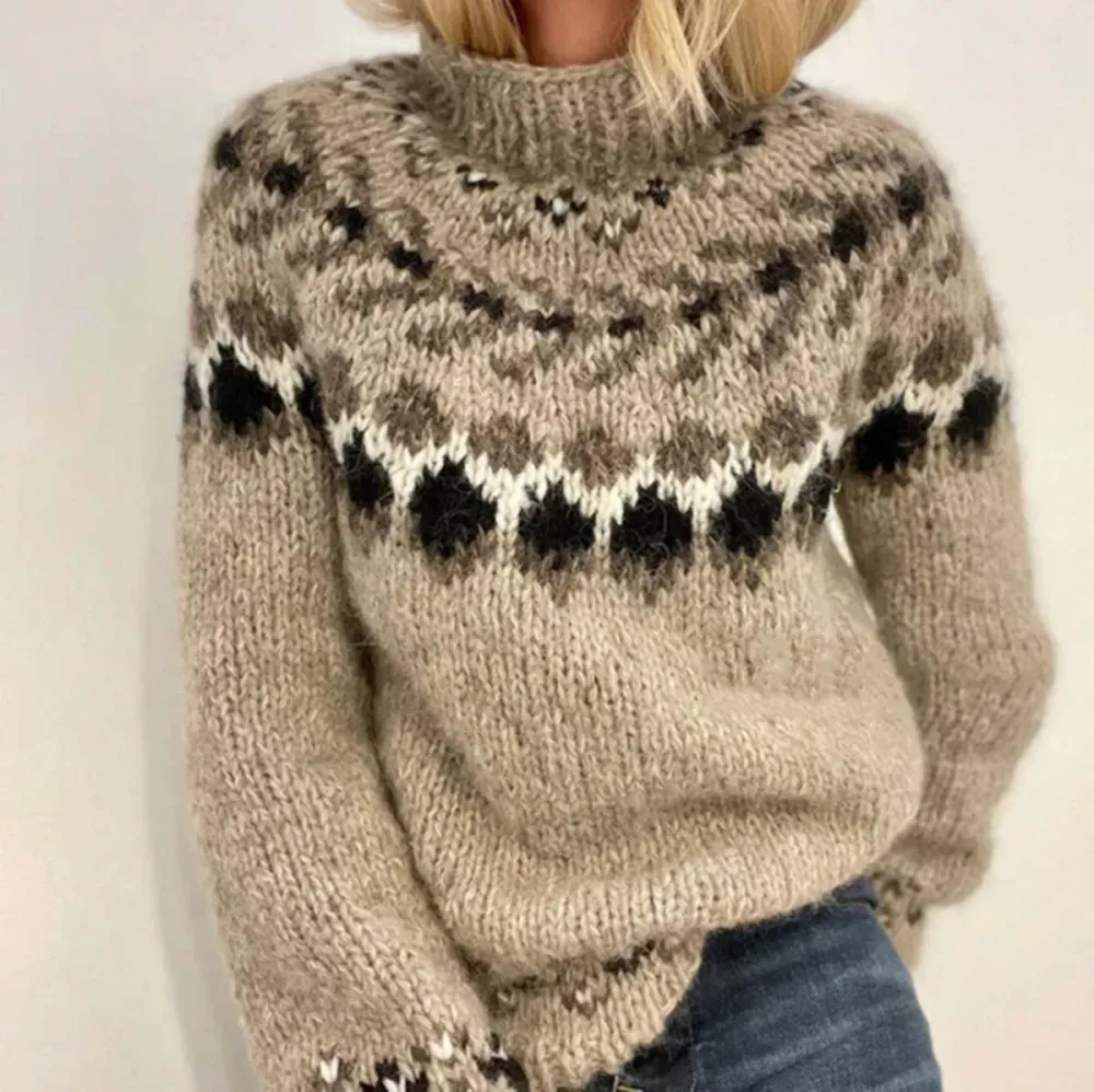 Vintage Geometric Contrast Jacquard Mid Neck Sweater