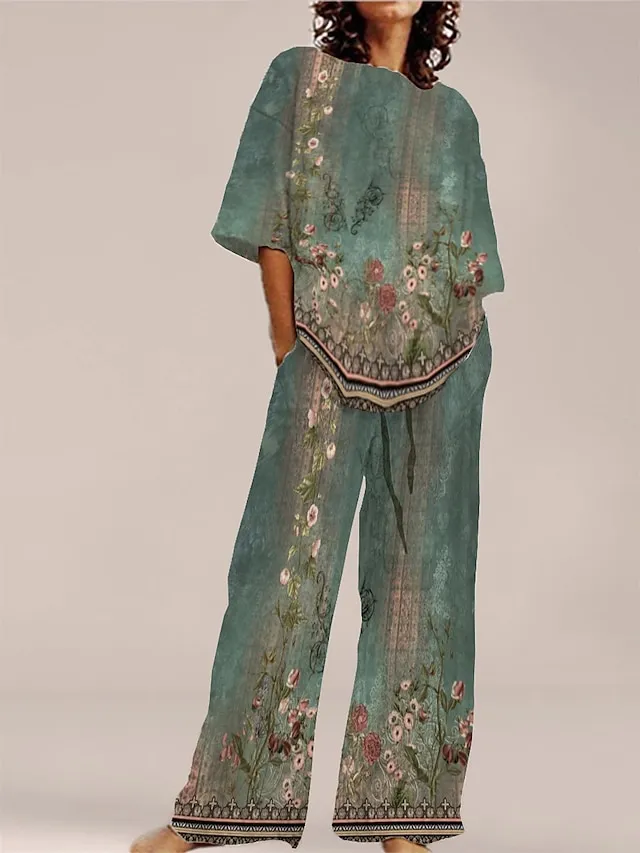 Women's Pajama Top and Pant Flower Comfort Home Daily Polyester Crew Neck Summer Spring White Light Green