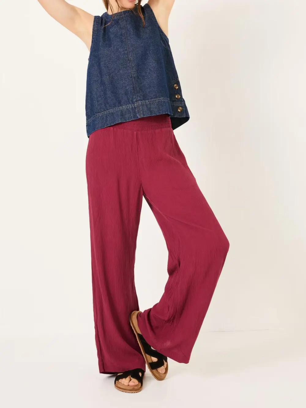 Burgundy Red Shirred Palazzo Wide Leg Trousers