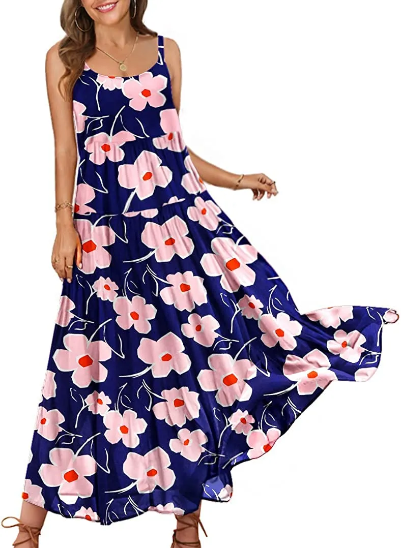 Summer Dresses for Women Casual Loose Bohemian Floral Dress with Pockets Spaghetti Strap Maxi Dress E75