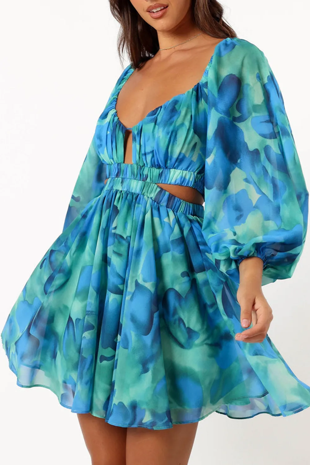 BLUE FLORAL LONG SLEEVE MINI DRESS