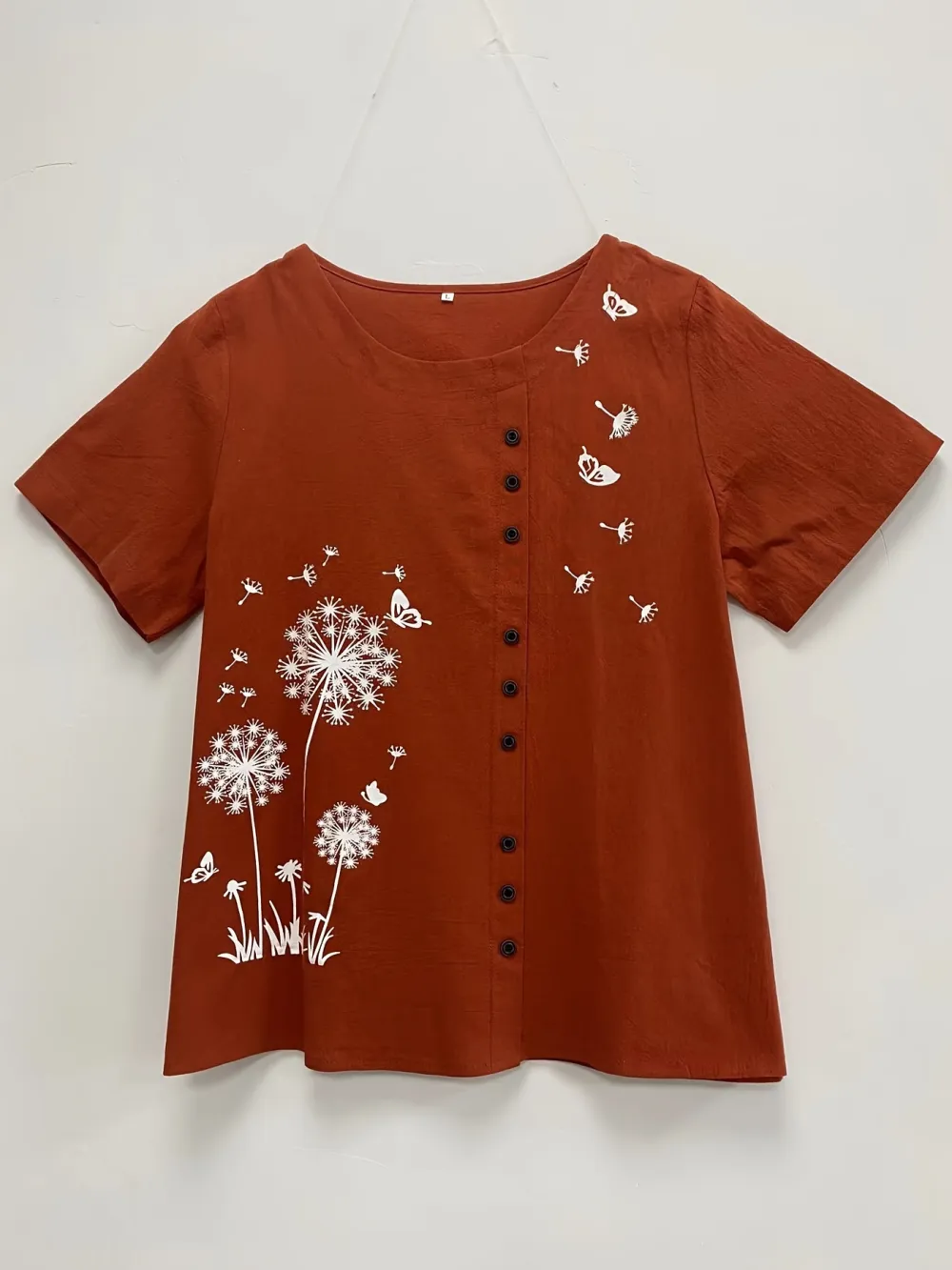 Women's Plus Dandelion Print Tee, Short Sleeve, Casual, Round Neck, Plus Size