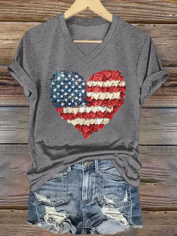 Women'S T-Shirt With National Flag Pattern Heart Print, Pure Cotton V-Neck Short-Sleeved T-Shirt