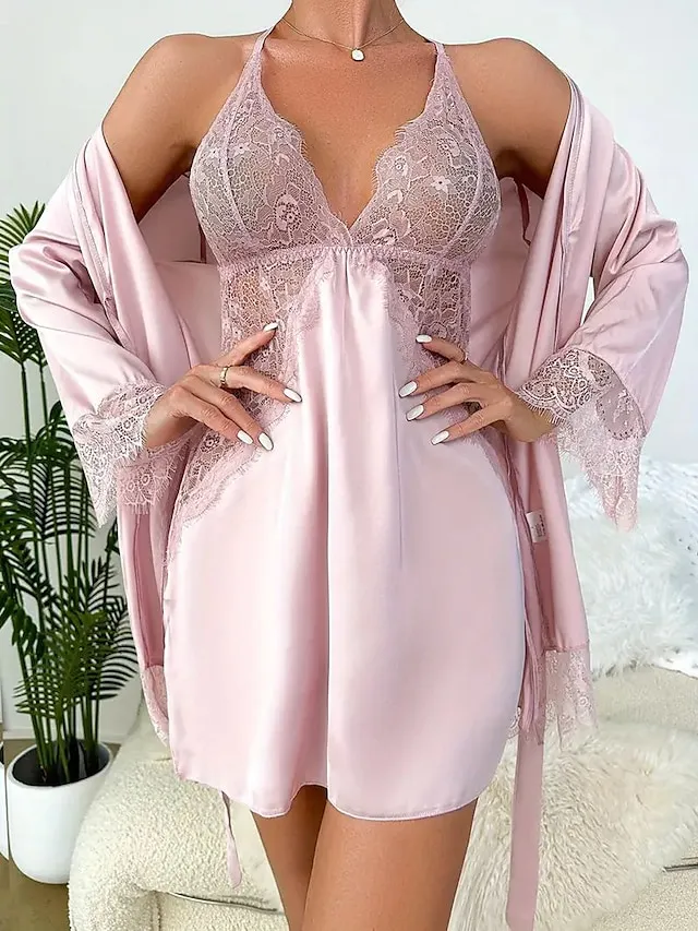 Women's Pajamas Bathrobe Nightgown Pure Color Simple Casual Comfort Home Daily Bed Polyester Breathable Plunging Neck Long Sleeve Fall Winter Lotus Pink Black