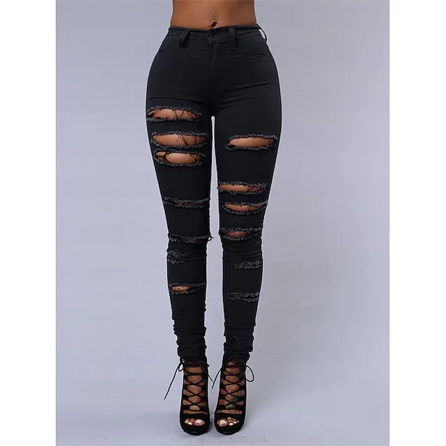 Women's Jeans Trousers Pants Trousers Full Length Denim Side Pockets Cut Out Micro-elastic Mid Waist Fashion Casual Weekend Black White S M Summer Spring &  Fall