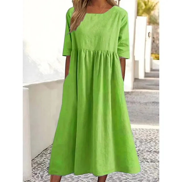 Women's Casual Dress Cotton Dress Swing Dress Midi Dress Cotton Basic Casual Outdoor Daily Crew Neck Pocket Smocked Half Sleeve Summer Spring Fall 2023 Loose Fit Light Blue Black White Pure Color S M