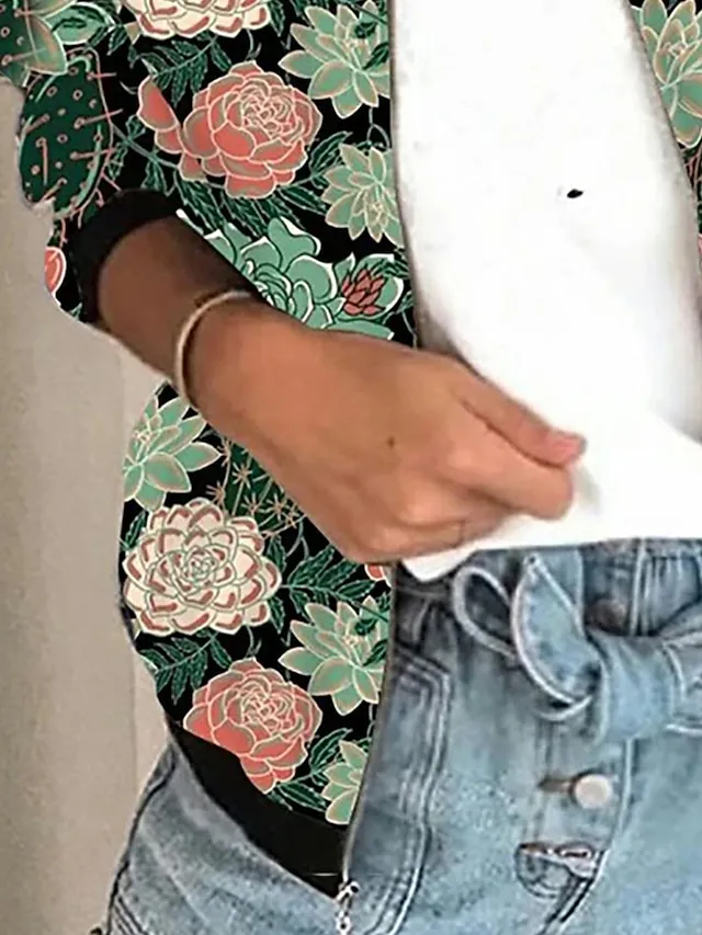 Women's Bomber Jacket Casual Jacket Outdoor Zipper Floral Pattern Breathable Streetwear Regular Fit Outerwear Long Sleeve Summer Black