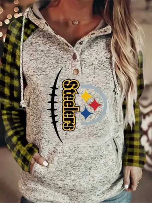 Women Long Sleeve Hooded Plaid Printed Sweatshirts Top