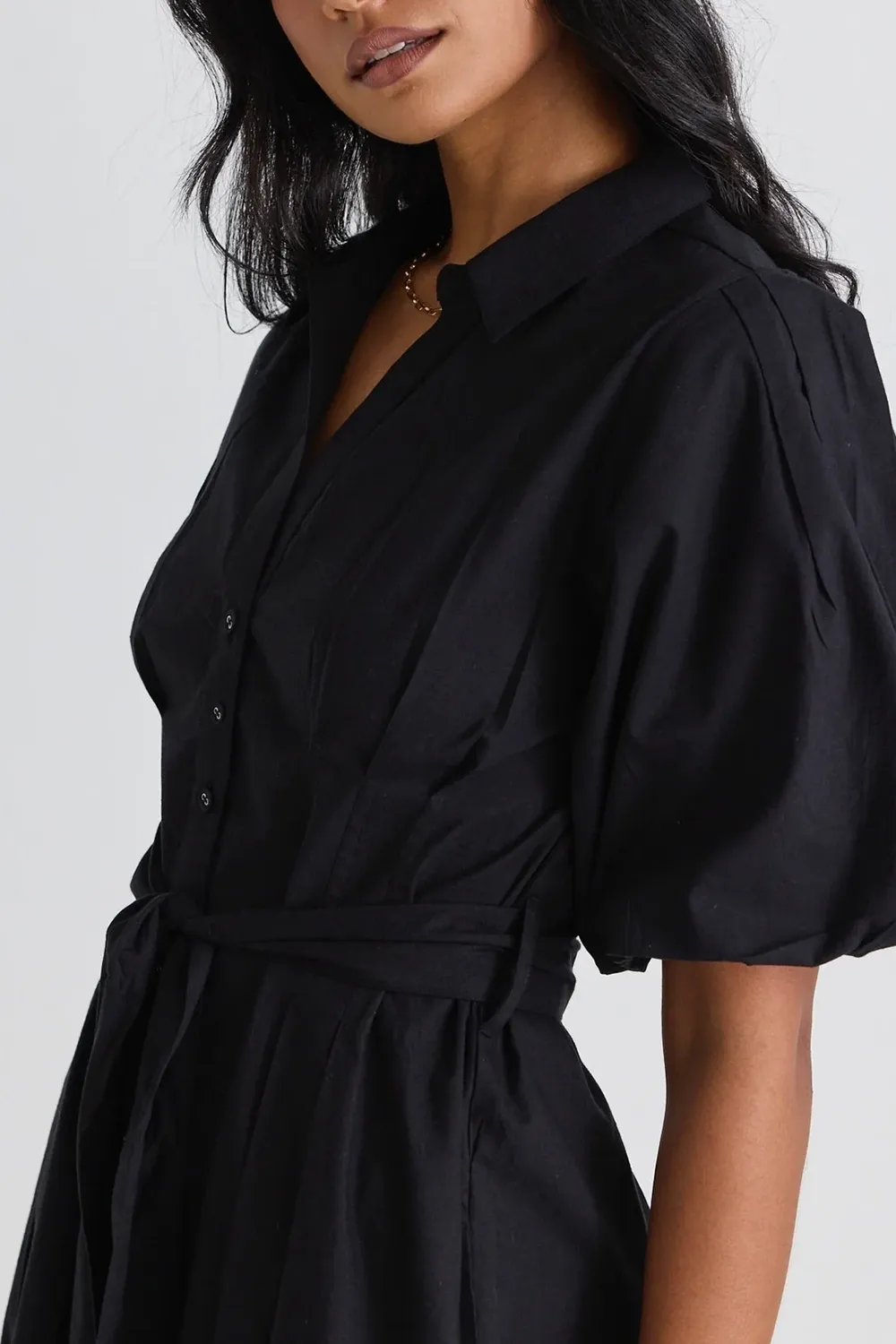 Black Puff Sleeve Collared Midi Dress
