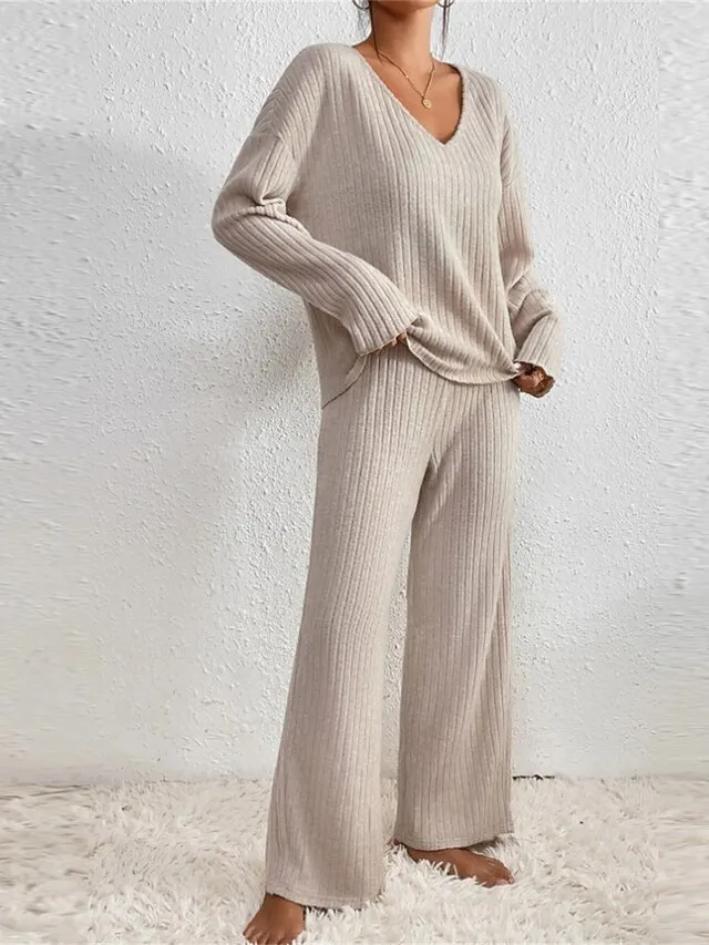 Women's Loungewear Sets Pure Color Casual Comfort Soft Home Daily Vacation Polyester Breathable V Wire Long Sleeve Sweater Pant Fall Winter Black Brown