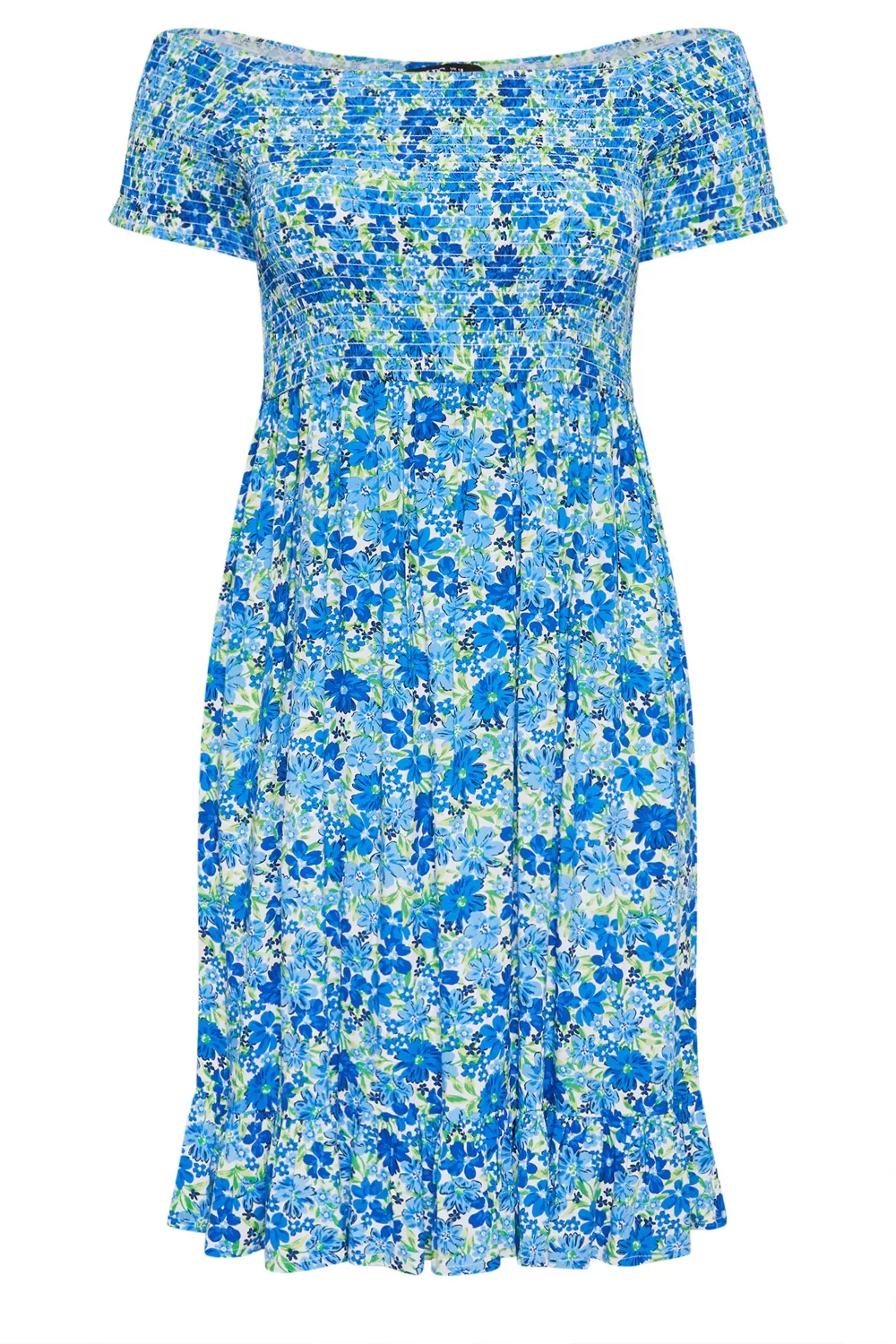 YOURS Curve Blue Shirred Bardot Midi Dress
